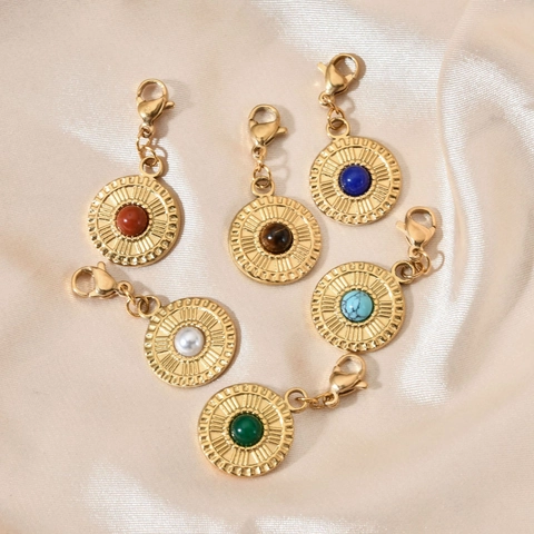 Collana In Acciaio Inossidabile Vintage Da Donna Pendente Intarsiato In Pietra Naturale Geometrica Texture Raggi Di Sole