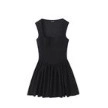 Square Neck Sleeveless Mini Dress Pleated Flare Skirt Solid Black Polyester Elegant Retro Bodycon Bodice Side Zipper