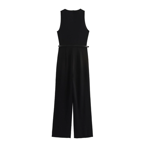Women Elegant Sleeveless V Neck Jumpsuit With Belt Solid Color Polyester Wide Leg Pants Office Commuter Jumpsuit