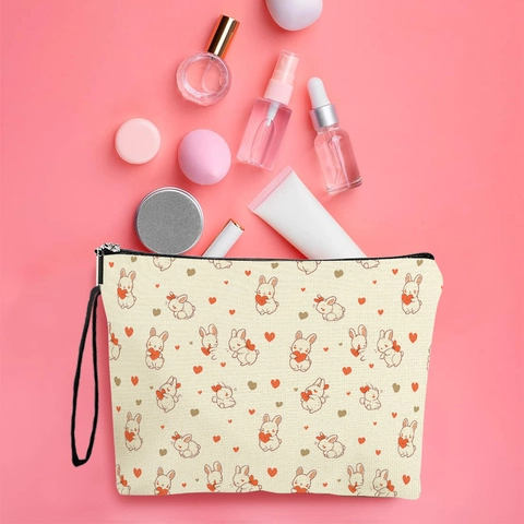 Easter Rabbit Makeup Bag Linen Fabric Zipper Cosmetic Pouch With Wristlet Strap Heart Print Travel Toiletry Organizer