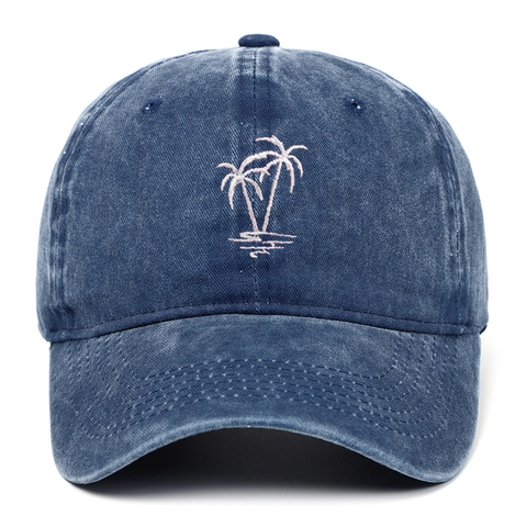Casquette De Baseball En Coton Lavé Vintage Broderie Palmier Chapeau Papa Distressed Ajustable Unisexe Casual