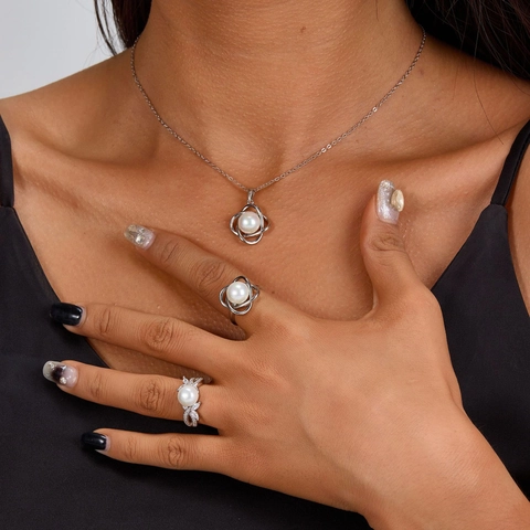 Elegant 925 Sterling Silver Artificial Pearl Jewelry Set Floral Necklace Ring Earrings For Women Fashion Commuter Accessories