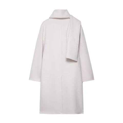 Handmade Elegant Women Long Wool Like Coat With Scarf Collar Button Closure Minimalist Luxury Solid Outerwear Jacket