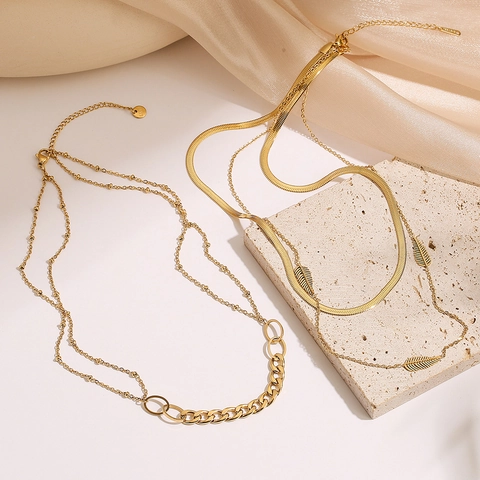 Double Layer Necklace Titanium Steel Tree Of Life Leaf Pendant Snake Chain Gold Plated Jewelry For Women