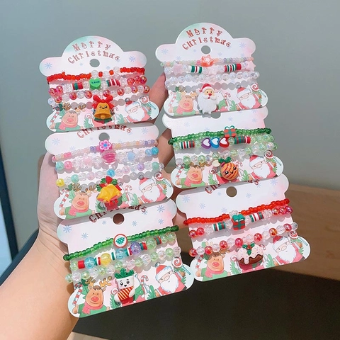 Handmade Plastic Resin Christmas Beaded Bracelets Santa Reindeer Tree Charms Colorful Jewelry For Kids Girls Holiday Party Gift