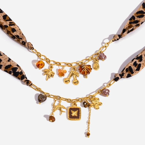 Collar con Colgante de Cinta de Leopardo de Acero Inoxidable Bohemio Multi Elementos Dijes Piedra Ojo de Tigre Perla Artificial