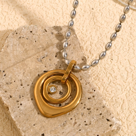 Verschachtelte Runde Ringe Anhänger Halskette Edelstahl 18K Vergoldet Strass Zweifarbig Perlenkette Für Damen