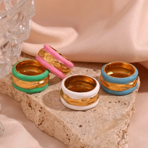 Mode Edelstahl Emaille Wasserwelle Ring 18K Vergoldet Kontrastfarbe Breiter Finger Schmuck Für Damen