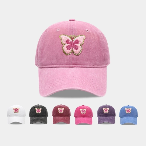 Butterfly Embroidery Washed Cotton Baseball Cap Vintage Distressed Sun Hat Women Outdoor Sports Adjustable Casual