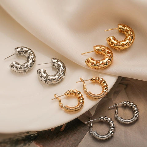Geometric Hoop Earrings Copper Gold Plated Hollow Clover C Shaped Beaded Punk Style Jewelry For Women