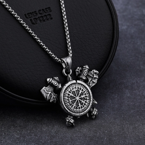 Viking Necklace Stainless Steel Vegvisir Compass Rune Pendant Odin Axe Retro Nordic Mythology Jewelry For Men Distressed