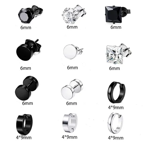 Boucles d'Oreilles Clous Créoles en Acier Inoxydable Strass Homme Femme Unisexe Punk Gothique Noir Argent Bijoux Piercing