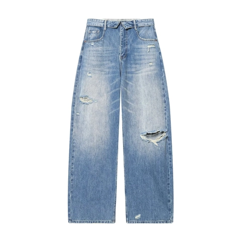 Women Distressed Wide Leg Jeans Fold Over Waist Washed Blue Cotton Denim Ripped Straight Pants Casual