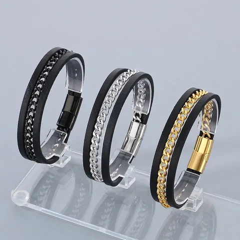 Bracciale In Pelle Intrecciata Da Uomo Con Catena In Acciaio Inossidabile Chiusura Magnetica Gioielli Industriali