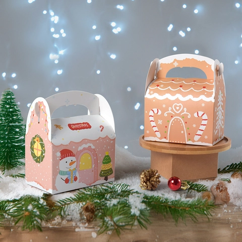 Cajas De Regalo De Navidad Forma De Casa Cartón Portátil Plegable Caja De Dulces Fiesta De Vacaciones Patrón Muñeco De Nieve Jengibre