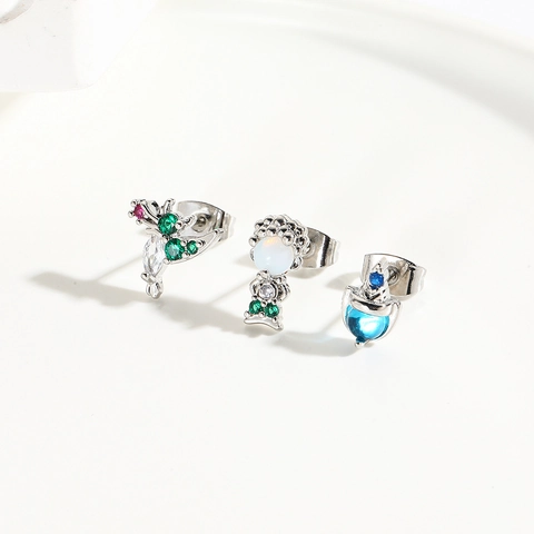 Stud Earrings Brass 18K Gold Plated Zircon Synthetic Opal Colorful Gemstones Cute Cartoon Animal Princess Jewelry For Women
