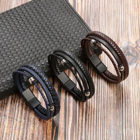 Multilayer Braided Leather Bracelet With Magnetic Clasp And Stainless Steel Beads For Men Retro Casual Hand Jewelry