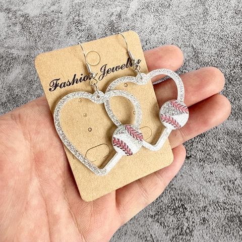 Boucles D'oreilles Pendantes Cœur Ballon De Sport Acrylique Paillettes Basket Foot Baseball Pickleball Bijoux Pour Femmes