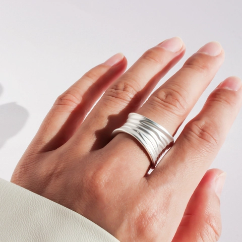 Minimalist Vintage Brass Wavy Texture Adjustable Open Ring For Women Gold Silver Plated Geometric Sculpture Finger Jewelry