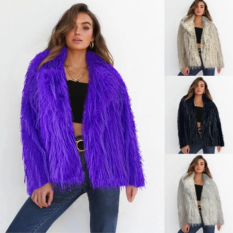 Manteau Court En Fausse Fourrure Pour Femmes Poilu Manches Longues Col À Revers Couleur Unie Mode Chaud