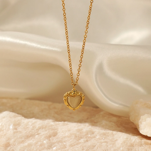 Herz Anhänger Halskette Edelstahl 14K Vergoldet Mit Katzenauge Stein Vintage Französischer Stil Schmuck Für Damen