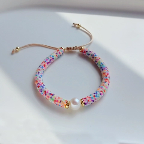 Natur Süßwasserperle Polymer Ton Heishi Stapelbare Armbänder Handgefertigte Gewebte Gänseblümchenkette Boho Sommer Schmuck Für Damen