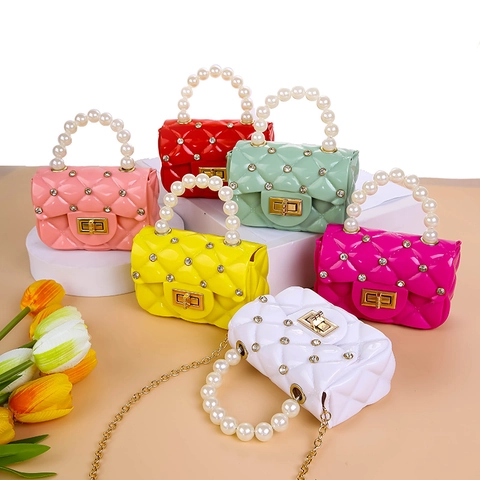Mini Jelly Handbag For Kids Girls PVC Silicone Quilted Diamond Artificial Pearl Handle Rhinestone Metal Chain Crossbody Bag