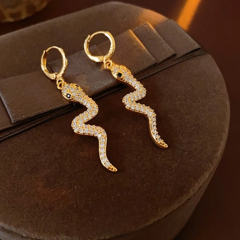 Snake Shaped Drop Hoop Earrings Gold Plated Copper With Zircon And Silver Earring Post Chic Animal Jewelry For Women