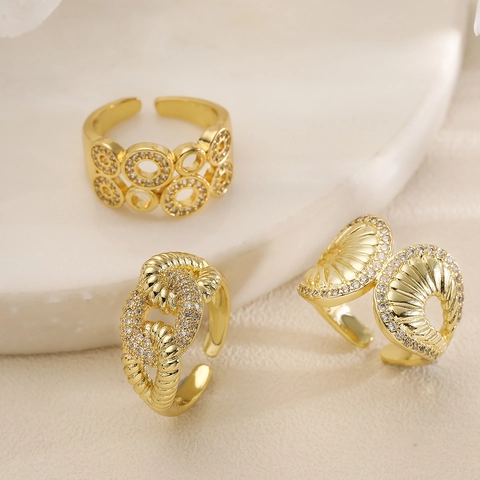 18K Gold Plated Copper Open Adjustable Ring Zirconia Micro Pave Geometric Shell Niche Jewelry For Women