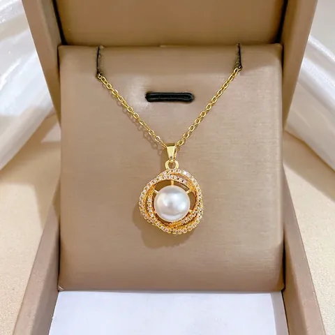 Collar Colgante Acero Inoxidable Perla Artificial Circonita Diseño Elegante Nido De Pájaro Joyería Lujo Cadena Clavícula Mujer