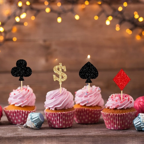 Glitter Poker Suit Dollar Sign Cake Toppers Cupcake Picks For Magic Casino Theme Birthday Party Decorations