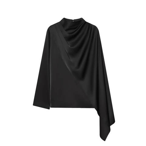 Satin Bluse Damen Asymmetrisch Drapierte Falten Stehkragen Langarm Elegant Minimalistisch Acetat Seidiges Schal Design Oberteil