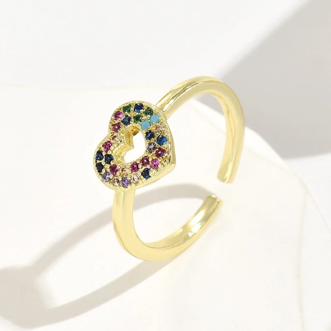 Regenbogen Zirkonia Herz Offener Ring 18K Vergoldetes Kupfer Geometrisch Verstellbar Mode Schmuck Für Frauen