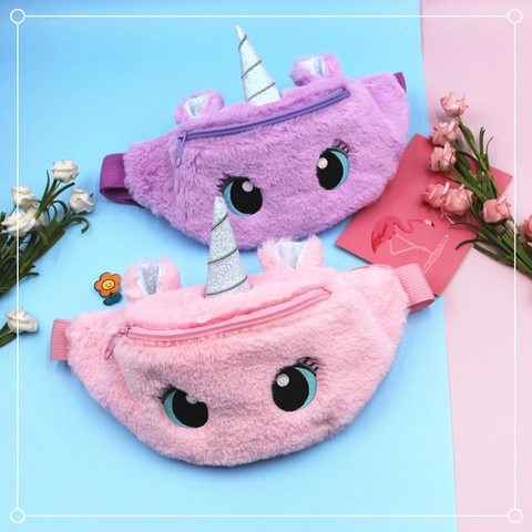 Unicorn Kids Girls Plush Waist Bag Cute Cartoon Big Eyes Gradient Tie-dye Crossbody Fanny Pack Adjustable Strap