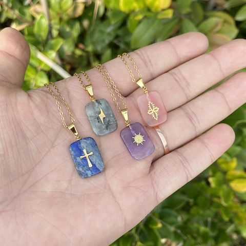 Collana Con Pendente Rettangolare In Pietra Naturale Catena In Acciaio Inossidabile Croce Fulmine Sole Stella Donna