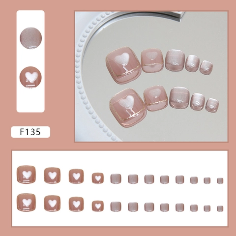 Summer Toe Press On Nails Pink Cat Eye Heart Glitter Square Round Fake Nails For Women Sweet Glossy Removable Plastic