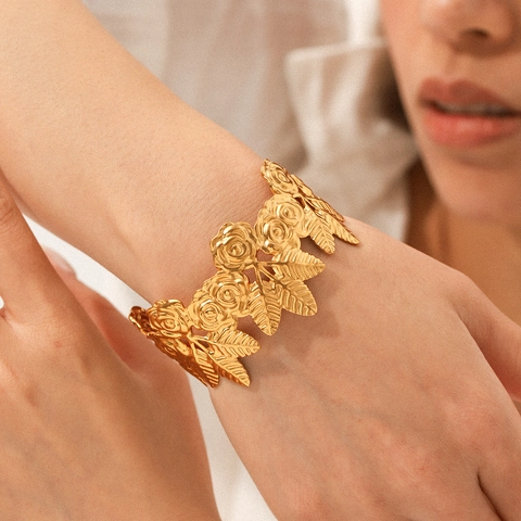 Roestvrijstalen Roos Bloem Blad Open Armring 18K Verguld Vintage 3D Reliëf Florale Statement Sieraden Vrouwen