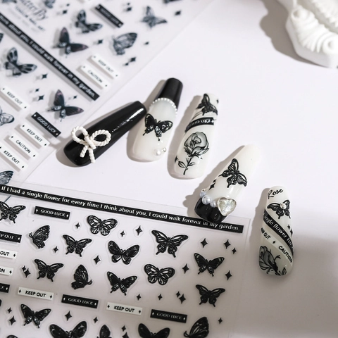 Autocollants Ongles Relief 3D Papillon Rose Noir Blanc Ultra Mince Adhésif Décoration Onglerie Style Japonais Manucure DIY