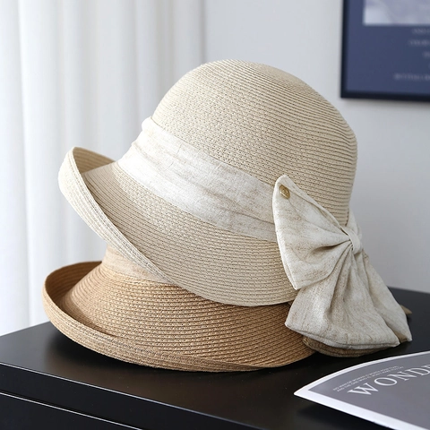 Women Straw Bucket Hat Woven Sun Protection Elegant Large Bow Metal Decor Vintage Style Breathable Summer Beach Travel