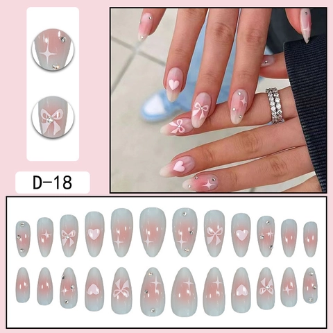 Almond Shape Press On Nails Pink Ombre 3D Heart Bowknot Rhinestones Sweet Long False Nails