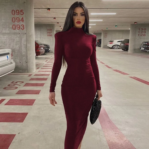 High Neck Long Sleeve Maxi Dress Solid Color Bodycon Slim Fit Polyester Spandex Elegant Long Dress For Women