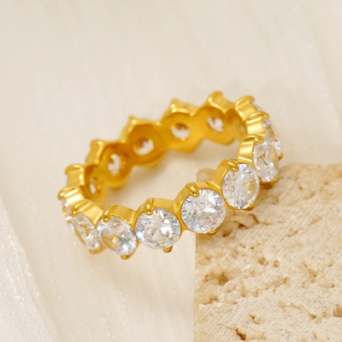 Bague Éternité Plaqué Or 18K Acier Inoxydable Zircon Rond Cercle Complet Inlay Mode Simple Anneau Pour Femmes