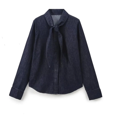 Damen Denim Hemd Und Weite Hose Dunkelblau Langarm Schleifenausschnitt Mit Gürtel Streetwear Casual