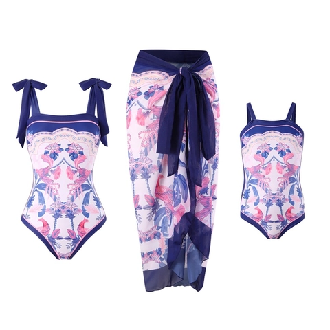 Damen Einteiliger Badeanzug Blumendruck Schulterschleifen Netzrock Bademode Eltern Kind Partnerlook Polyester
