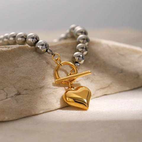 Pulsera De Cuentas De Acero Inoxidable Con Colgante De Corazón Dorado Cierre De Palanca Joyería Minimalista Mujer