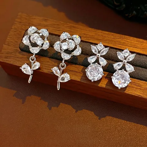 Orecchini A Fiore Rosa Per Donna Rame Intarsiato Con Zirconia E Silver Earring Post Gioielli Eleganti