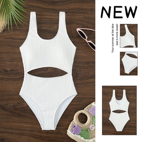 Women One-Piece Swimsuit Ribbed Fabric Cutout Design U-Neck Wide Straps Sexy Beachwear Bathing Suit
