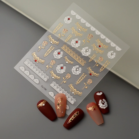 Pegatinas Uñas Relieve 5D Rosa Dorada Encaje Blanco Estilo Corte Vintage Decoración Diamantes Imitación