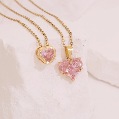 Herz Anhänger Halskette Gold Plattiert Edelstahl Rosa Zirkon Kleines Design Schlüsselbeinkette Für Damen Mode Schmuck