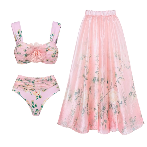 Haut De Bikini À Fleurs Et Bas Taille Haute Avec Longue Jupe En Organza Assortie Décoration Fleur 3D Tenue De Plage Rose
